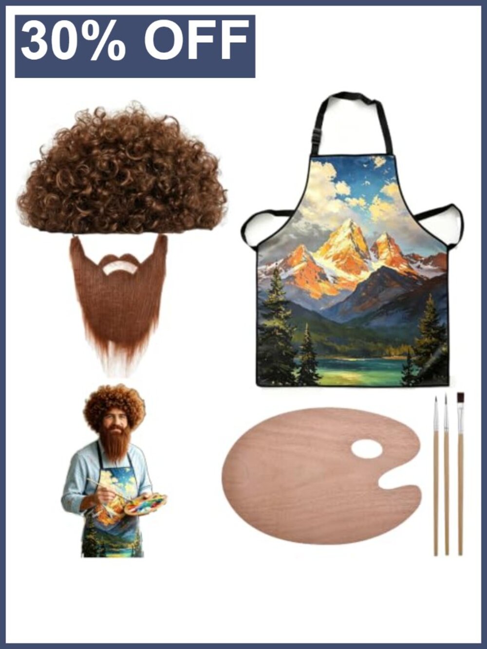 80s Painter Costume Set Wig Beard Apron Palette Brushes Adult